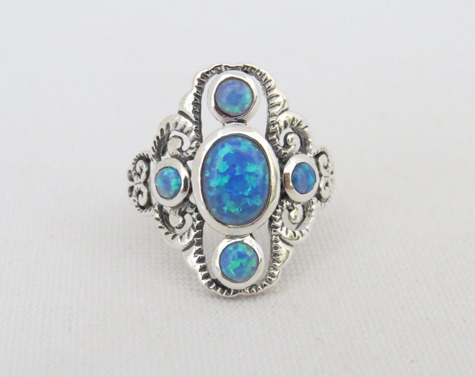 Vintage Sterling Silver Blue Opal Filigree Ring Size 7