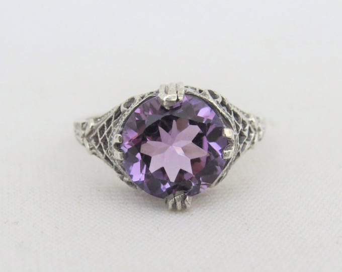 Vintage Sterling Silver Natural Amethyst Filigree Ring Size 8