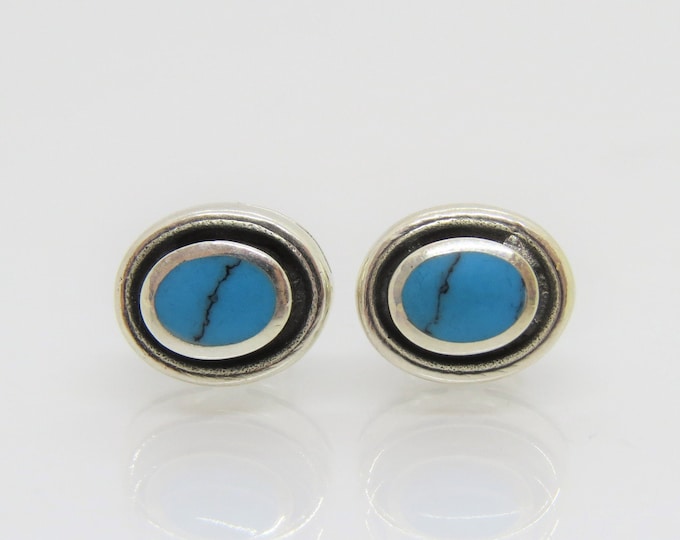 Vintage Sterling Silver Oval Turquoise Stud Earrings