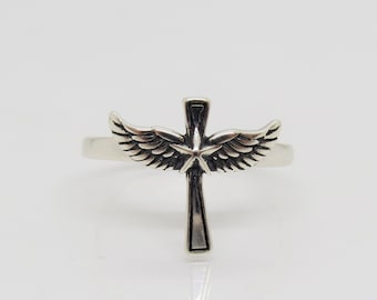 Vintage Sterling Silver Cross Angel Wings Ring Size 7