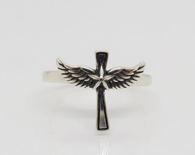 Vintage Sterling Silver Cross Angel Wings Ring Size 7