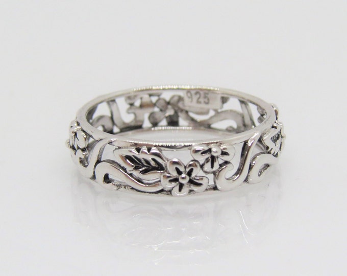 Sterling Silver Flower Filigree Band Ring Size 7