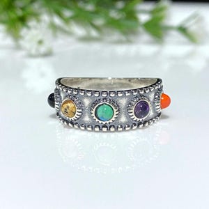 Vintage Sterling Silver Mixed Gemstones Band Ring.