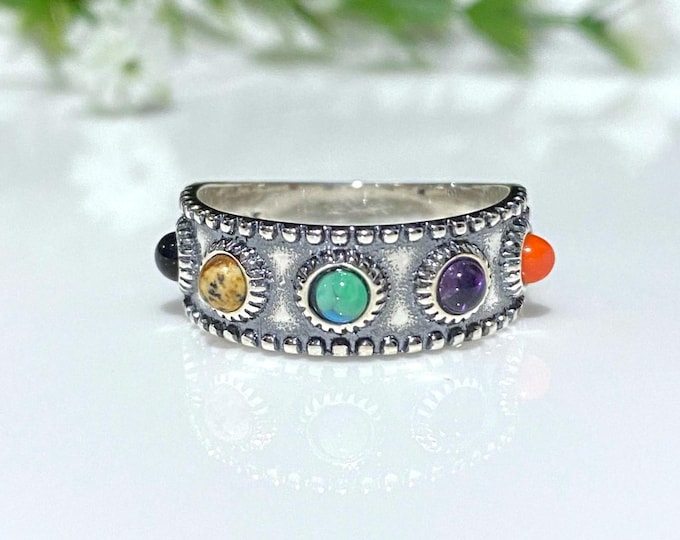 Vintage Sterling Silver Mixed Gemstones Band Ring.