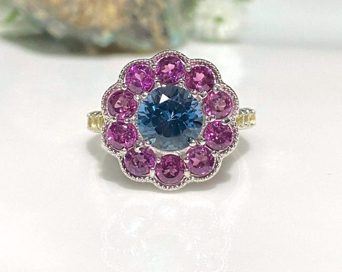 Vintage Sterling Silver Natural London Blue Topaz, Yellow Sapphire & Rhodolite Ring Size 7