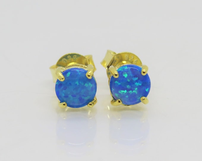 Sterling Silver 14K Gold Plate Blue Opal Stud Earrings