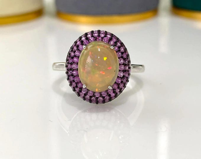 Vintage Sterling Silver 2.54cts Natural Opal & Pink Sapphire Ring Size 7