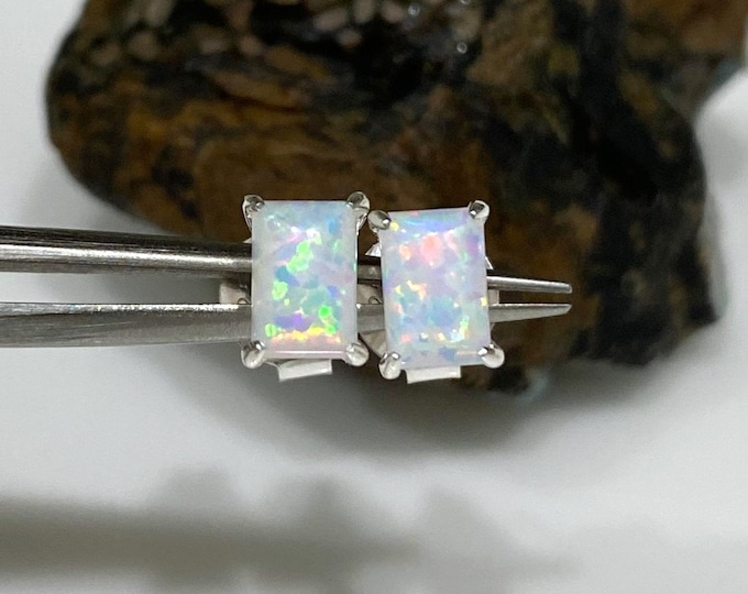Vintage Sterling Silver Rectangular White Opal Earrings.