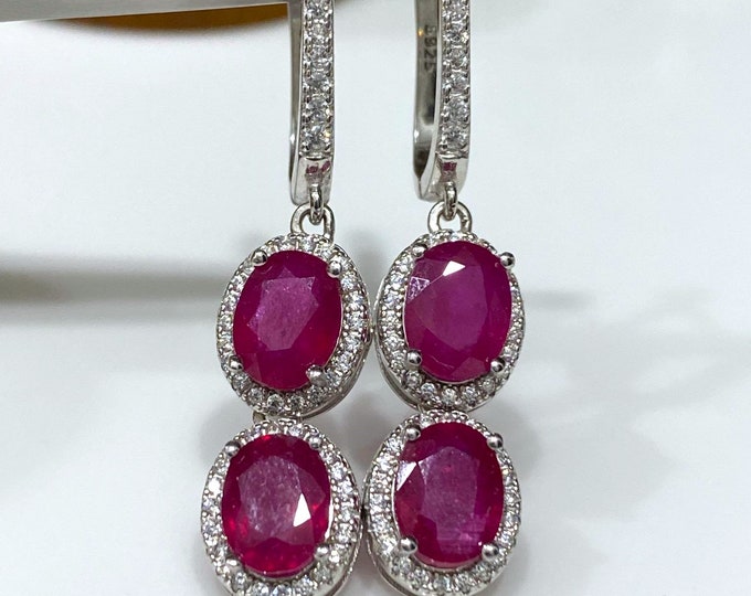 Vintage Sterling Silver Natural Oval Ruby & White Topaz Dangle Halo Earrings.