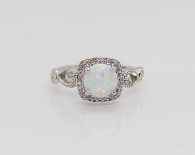 Vintage Sterling Silver Round cut Fire Opal & White Topaz Ring Size 7