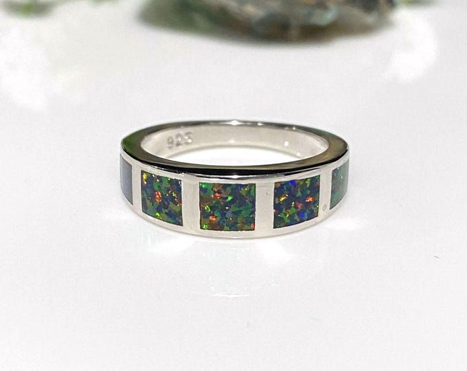 Sterling Silver Black Opal Band Ring Size 7