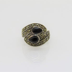 Vintage Sterling Silver Black Onyx & Marcasite Bypass Ring Size 6