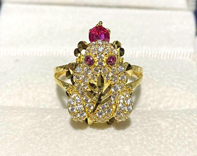 Vintage 15K 610 Solid Yellow Gold Ruby & White Topaz Ruby Eye's Frog Ring Size 6 3/4
