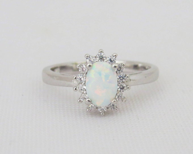 Vintage Sterling Silver White Opal & White Topaz Halo Ring Size 7