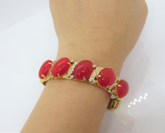 Vintage 18K Solid Yellow Gold Translucent Red Jad… - image 8