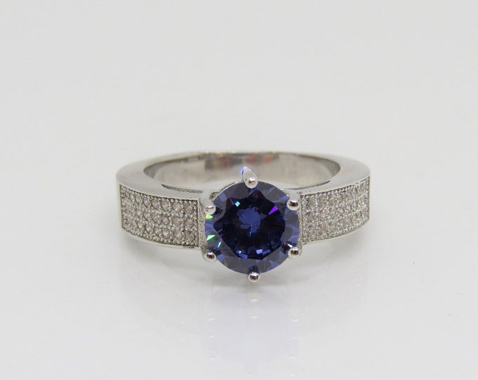 Vintage Sterling Silver Tanzanite & White Topaz Pave Ring Size 8