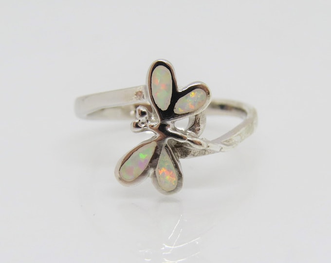 Vintage Sterling Silver White Opal Dragonfly Ring Size 7