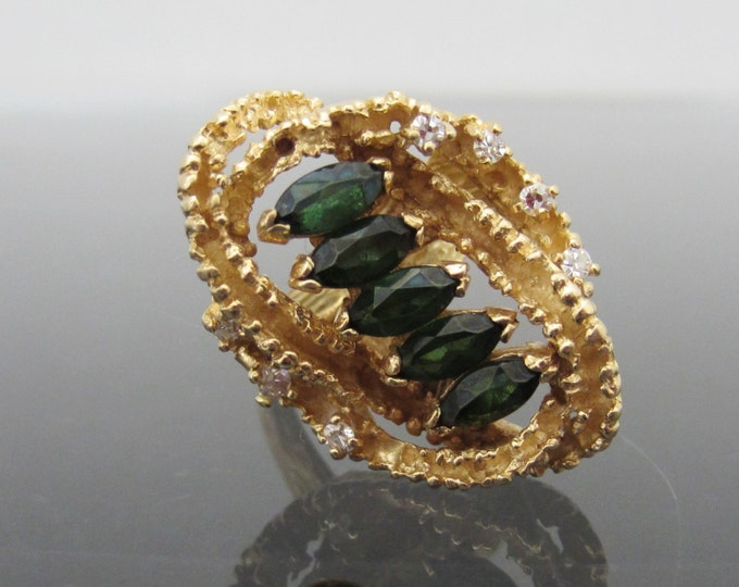 Vintage Modernist 14K Solid YG 1.35Ct Natural Tsavorite & Diamond Ring Size 8
