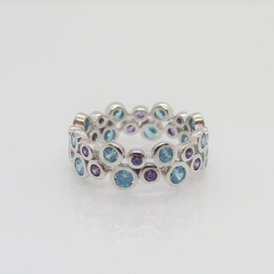 Sterling Silver Two Rows Aquamarine & Amethyst Ring Size 8