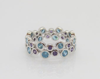 Sterling Silver Two Rows Aquamarine & Amethyst Ring Size 8