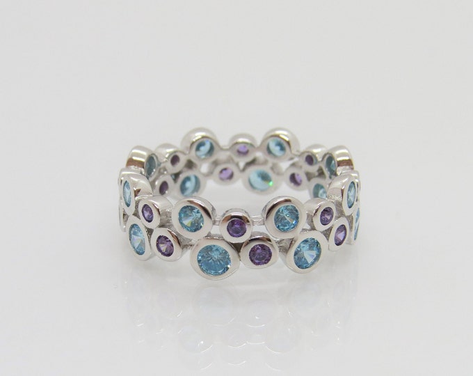 Sterling Silver Two Rows Aquamarine & Amethyst Ring Size 8