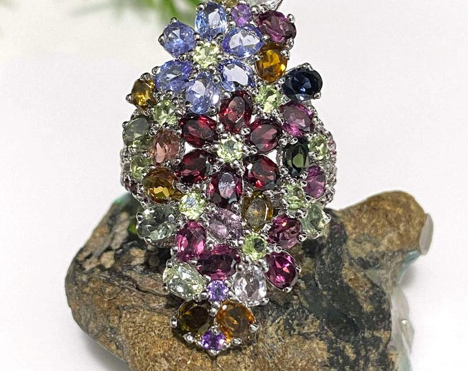 Vintage Sterling Silver Natural Tanzanite, Garnet, Aquamarine & Multi Color Tourmaline Long Ring Size 7 3/4