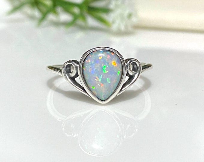 Vintage Sterling Silver Pear cut White Opal Ring.