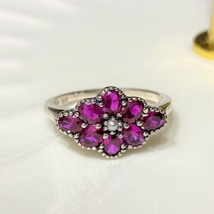Vintage Sterling Silver Ruby & Seed Pearl Cluster Ring.