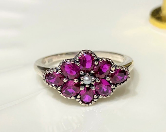Vintage Sterling Silver Ruby & Seed Pearl Cluster Ring.
