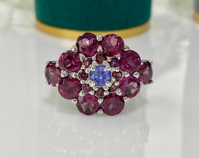 Vintage Sterling Silver Natural Rhodolite & Tanzanite Flower Ring Size 7 1/2
