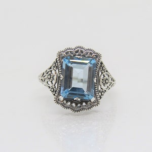 Vintage Sterling Silver Aquamarine Flower Filigree Ring Size 8