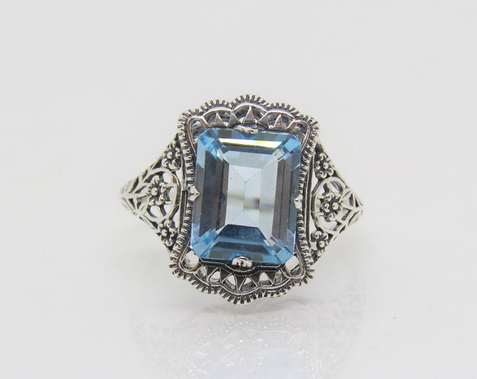 Vintage Sterling Silver Aquamarine Flower Filigree Ring Size 8