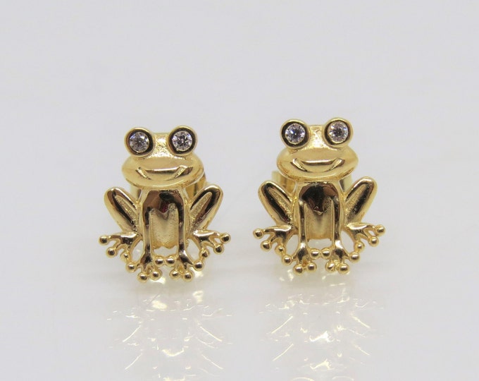 14K Solid Yellow Gold White Topaz Frog Earrings