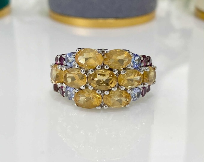 Vintage Sterling Silver Natural Citrine, Aquamarine & Rhodolite Ring Size 8 1/4