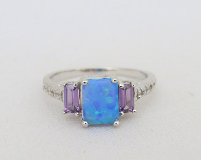 Vintage Sterling Silver Blue Opal, Amethyst & White Topaz Engagement Ring Size 7