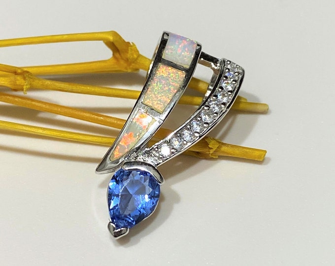 Vintage Sterling Silver Tanzanite, White Opal & White Topaz Pendant.