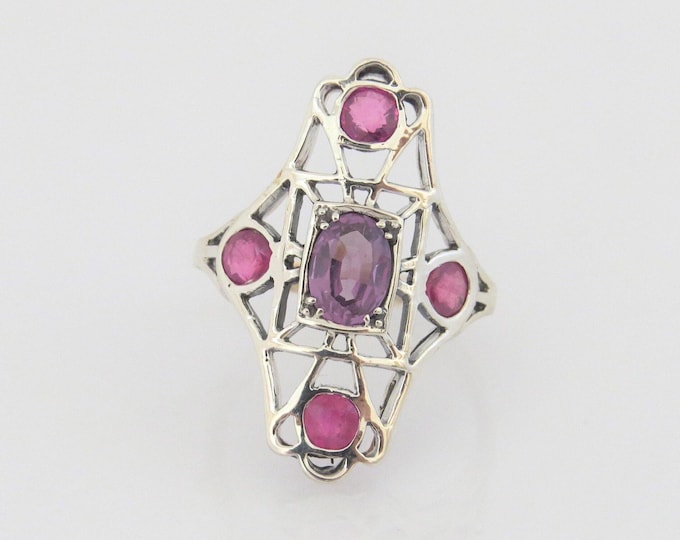 Vintage Sterling Silver Alexandrite & Ruby Long Ring Size 7
