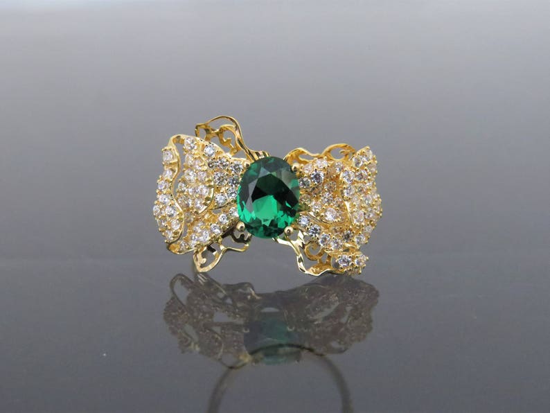 Vintage 18K Solid Yellow Gold 1.89ct Emerald /& White Topaz Bow Ring Size 6.75