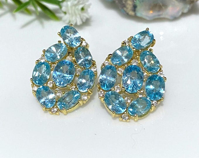 Vintage Sterling Silver 14K Gold Plate Natural Apatite & White Topaz Earrings.