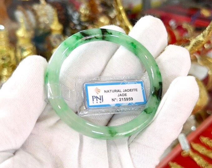 Vintage Translucent Natural Green, White & Black Jadeite Jade Bangle Bracelet 52MM