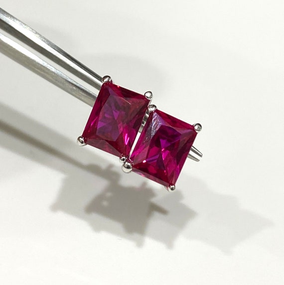 Vintage Sterling Silver Rectangular Ruby Earrings. - image 7