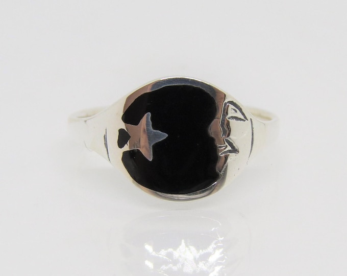 Vintage Sterling Silver Black Onyx Moon & Star Ring Size 7