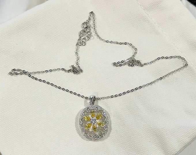 Vintage Sterling Silver Citrine & White Topaz Flower Pendant Chain Necklace 17''
