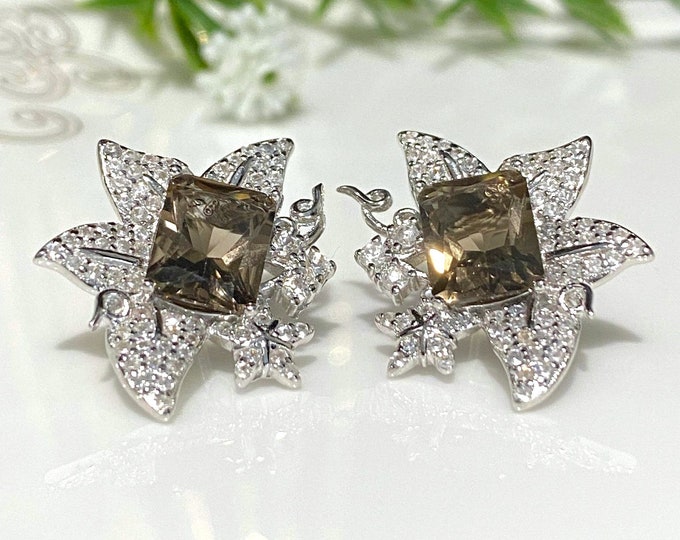 Vintage Sterling Silver Natural Smoky Topaz & White Topaz Earrings.