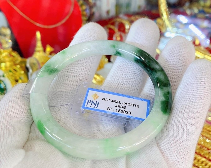 Translucent Natural Green, White & Black Jadeite Jade Vintage Bangle Bracelet 57MM