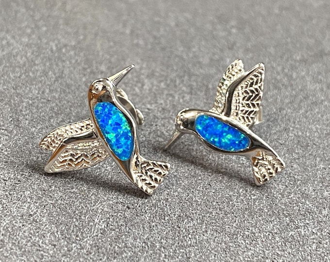 Sterling Silver Blue Opal Hummingbird Earrings.