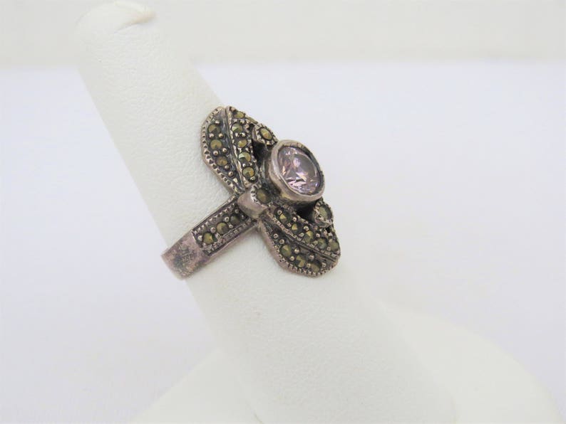 Vintage Sterling Silver Pink Topaz /& Marcasite Dome Ring Size 7