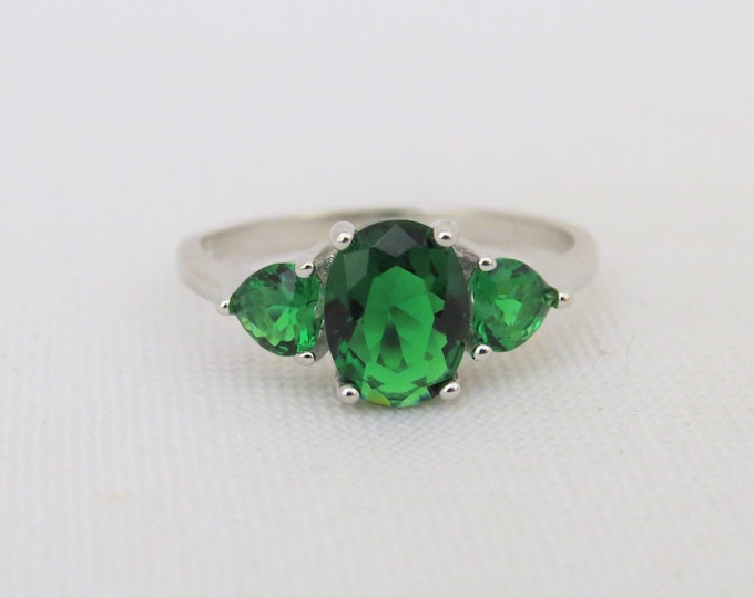 Sterling Silver Emerald Three stone Ring Size 6