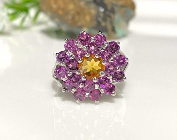 Vintage Sterling Silver Natural Citrine & Rhodolite Ring Size 7