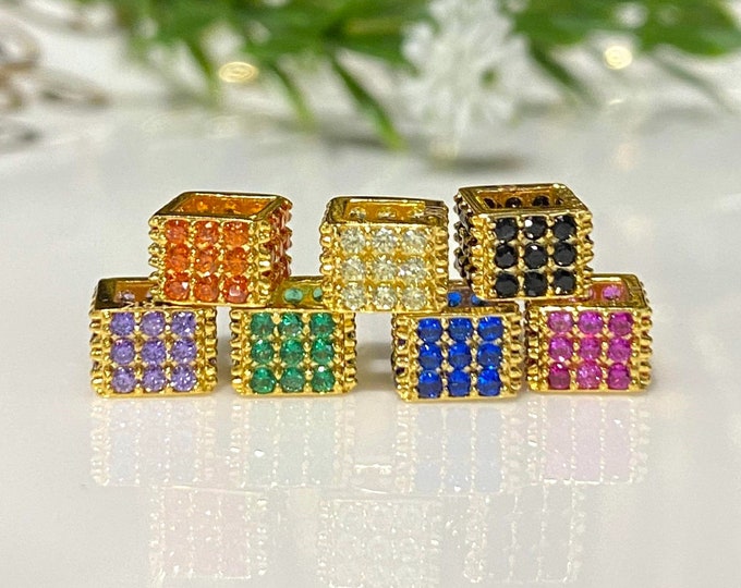 Vintage 18K Solid Yellow Gold Emerald, Sapphire, Ruby, Orange Opal Square Slide Charm Pendant